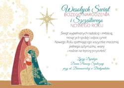 Obrazek dekoracyjny przedstawiający Świętą Rodzinę i gwiazdę betlejemską z życzeniami świątecznymi.