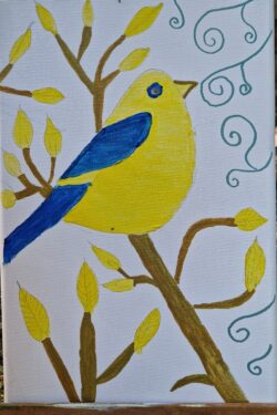 Kolorowy obrazek przedstawiający ptaka siedzącego na gałęzi.