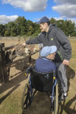 Mężczyzna głaszczący znajdującego się za ogrodzeniem osła. Obok niego mężczyzna na wózku inwalidzkim.