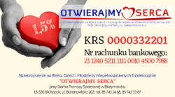 Wizytówka przedstawiająca dłonie trzymające serce, nazwę organizacji, numer krs, numer konta bankowego.