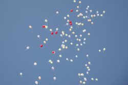 Dużo balonów unoszących się na tle nieba.