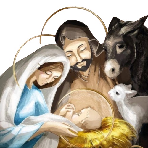 Obrazek przedstawiający świętą rodzinę, baranka i osiołka.