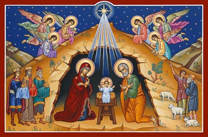 Obrazek przedstawiający Świętą Rodzinę przy grocie, anioły, trzech króli i pastuszków. 